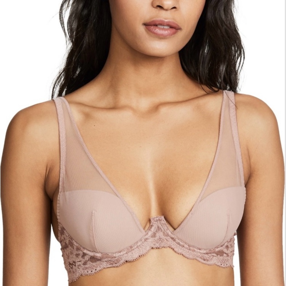 Fleur du Mal Sheer Overlay Lace Plunge Bra in Mauve
